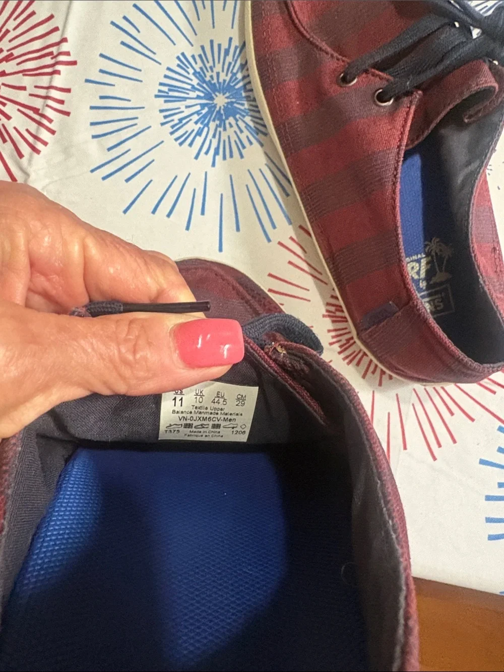 Vans Men’s Burgundy and Navy Striped Surf Siders